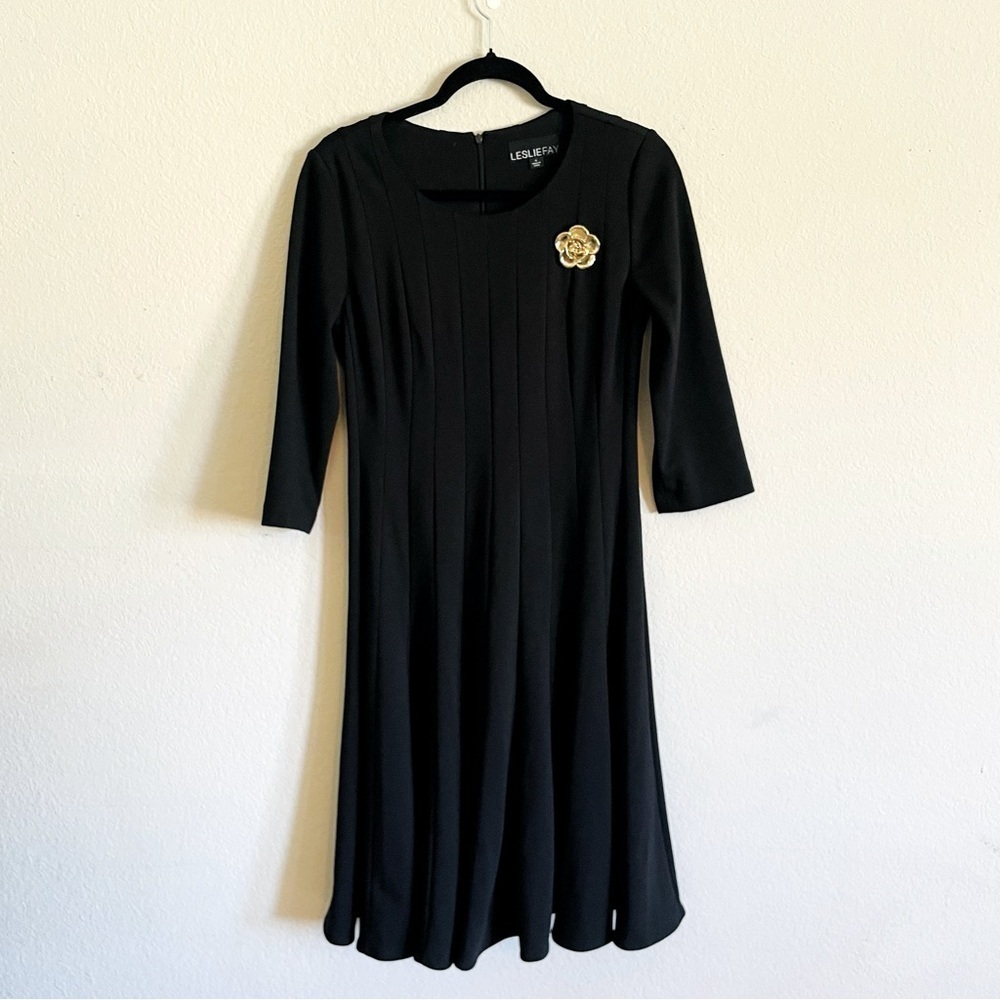Leslie Fay woman a line midi dress size 6 black fit flare like new formal flower